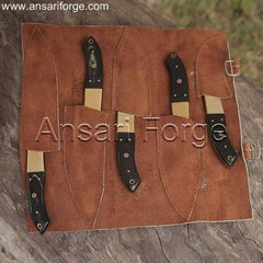Pro Damascus Chef Knife Set featuring five beautifully crafted knives with Damascus steel blades and ergonomic buffalo horn handles, displayed in a luxurious leather roll bag.