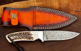 Custom Handmade Damascus Steel Hunting Knife Stag Handle And Leather Sheath.