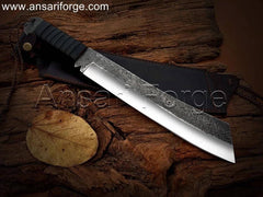 Hand-forged survival machete knife with a leather handle, perfect for outdoor survival and camping.