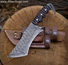 Full-size tracker knife with a 65MN high carbon steel blade, tanto tip, micarta handle, and horizontal draw scout carry cowhide leather sheath.