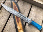 Feather Damascus Bowie Knife with Hand-Forged Damascus Steel Blade, Camel Bone Handle, and Custom Scrimshaw Artwork on Cowhide Leather Sheath
