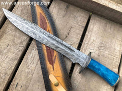 Feather Damascus Bowie Knife with Hand-Forged Damascus Steel Blade, Camel Bone Handle, and Custom Scrimshaw Artwork on Cowhide Leather Sheath