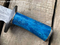Feather Damascus Bowie Knife with blue colour camel bone handle.