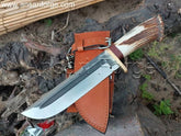 15" Large High Carbon Steel Best Custom Western Bowie Knife With Stag Antler Handle & Leather Sheath