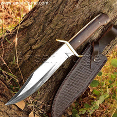 Custom Bowie Knife - Hand-forged D2 steel blade, mirror polished finish, full tang for strength.