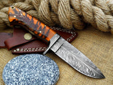9.5" Inches Hand Forged Special Feather Damascus Steel Hunting Knife + leather sheath