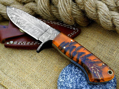 9.5" Inches Hand Forged Special Feather Damascus Steel Hunting Knife + leather sheath