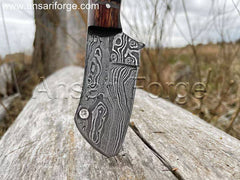 Hand-forged Damascus Bushcraft Knife with Raindrop Pattern, Pakkawood Handle & Leather Sheath
