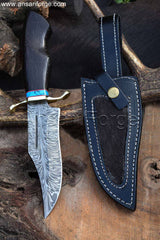 Handmade Feather Damascus Knife - Black Panther, featuring a hand-forged Damascus steel blade with a feather pattern, ebony wood handle, and brass guard.