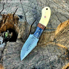 Damascus Cowboy Knife with Horizontal Sheath - Custom Hand Forged with Camel Bone Handle
