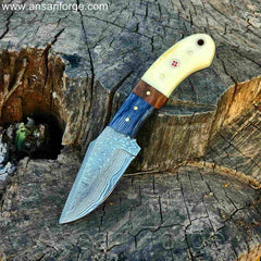 Damascus Cowboy Knife with Horizontal Sheath - Custom Hand Forged with Camel Bone Handle