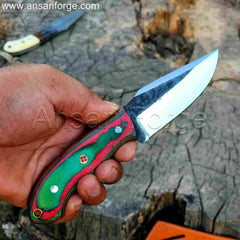 Cowboy Knife With Sheath - Hand-Forged 1095 High Carbon Steel, Full Tang, Pakka Wood Handle, Cowhide Leather Sheath