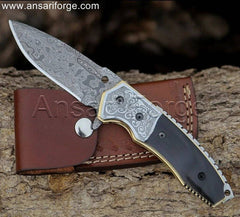 Custom Made Damascus Steel Pocket Knife, Real Hand Forged Rain Drop Folding Blade