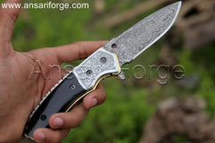 Custom Damascus Pocket Knife Open - Revealing Raindrop Pattern Damascus Steel Blade