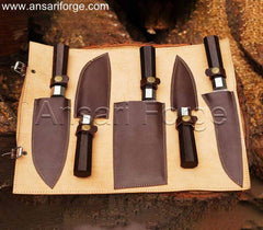 Full Damascus Chef Knife Set in Cowhide Leather Roll Bag