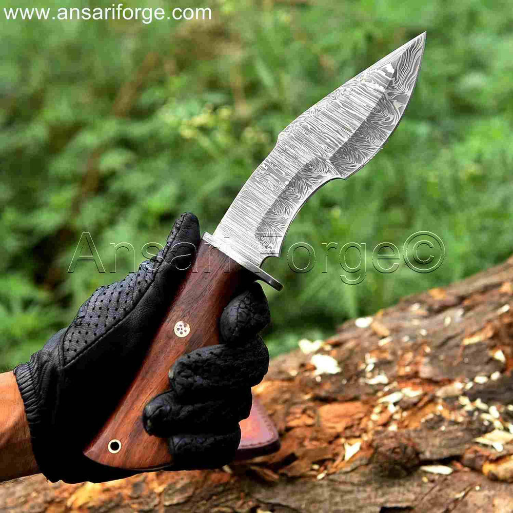 Handmade Damascus Steel Small Kukri Knife with Rosewood Handle.