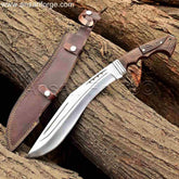 The Curve Kukri Knife with Rosewood Handle and Leather Sheath.