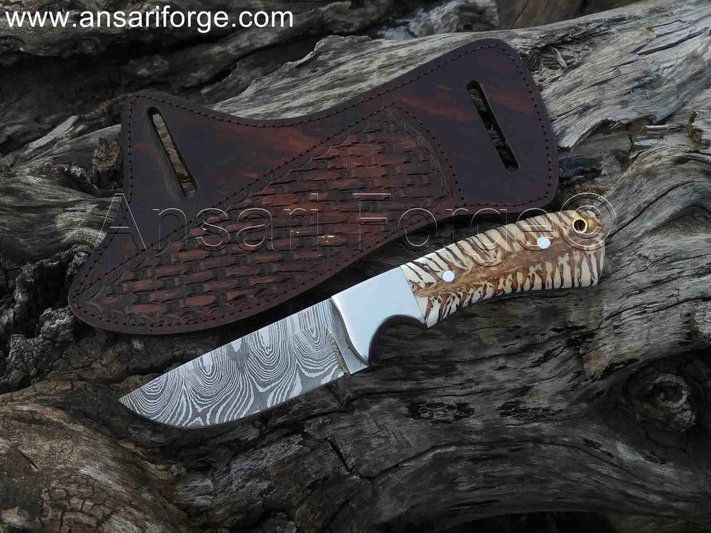 " Range Rider " Custom Made Fixed Blade Damascus Steel Cowboy Knife With Pancake Leather Sheath & Pine Cone Handle.