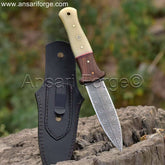 Handmade Damascus Steel Boot Knife With Bone Handle & Leather Sheath, Best Damascus Knife For Hunting, Camping & Outdoors.