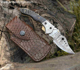 Damascus Pocket Knife, Liner Lock Folder With Horn Handle And Sheath.