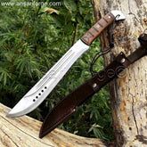 Hand-forged high carbon steel machete knife with walnut wood handle and leather sheath.