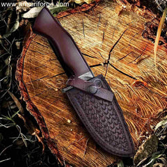 Damascus Hunting Knife with mosaic Damascus drop point blade and Genuine Leather Sheath.