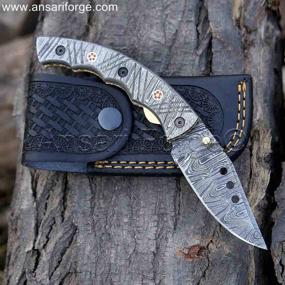 Damascus Pocket Knife - Handmade Damascus Steel Folding Blade Knife, Top Quality EDC, Hunting, and Camping Folder with leather sheath.