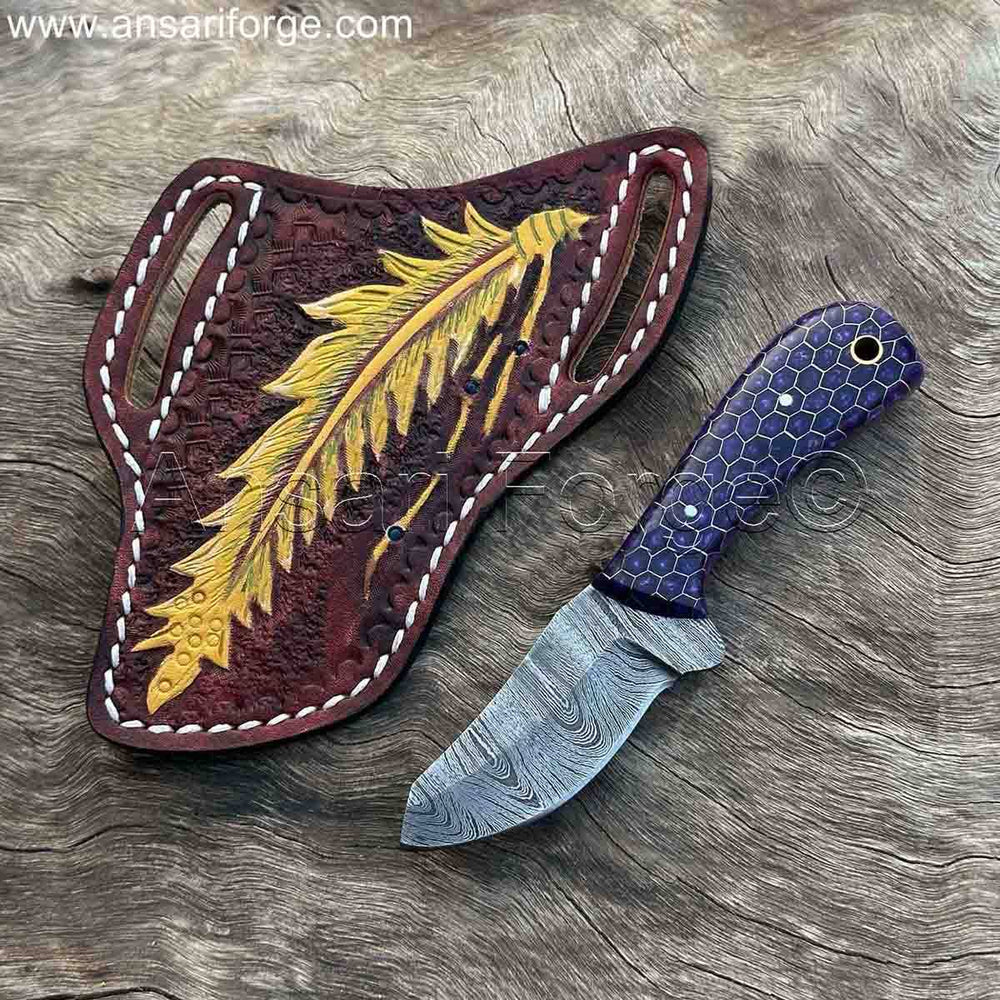 Custom Damascus Cowboy Knife with Cross Draw Sheath - Best Choice for Hunting & Skinning.