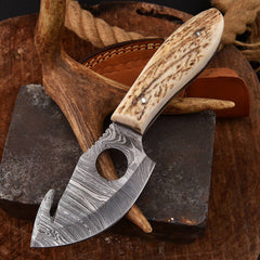 Deer Hunter Stag Handle Damascus Steel Gutting Gut Hook Knife