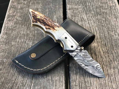 Damascus Pocket Knife Stag Antler Handle Twist Folding Blade