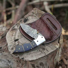 Damascus Pocket Knife, Custom Folding Knife With Liner Lock And Leather Sheath / Pouch