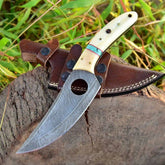 Damascus Hunting Knife , Hand forged Finger Hole Fixed Blade Knife With Bone Handle And Leather Sheath