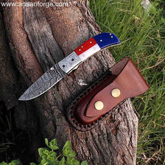 Real Damascus Pocket Knife With Texas Flag Handle , Liner Lock & Leather Pouch
