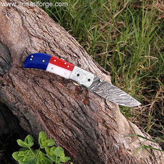 Handmade Real Damascus Pocket Knife With Leather Pouch