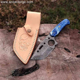 Honoo Handmade Damascus Steel Tanto Knife with blue bone handle and leather sheath.