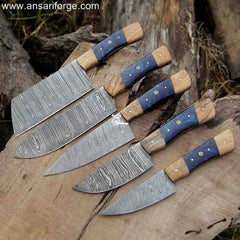 Hand-forged Damascus Chef Knife Set with 5 beautifully crafted knives in a protective roll bag.