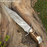Damascus Bowie Knife with Stag Antler Handle