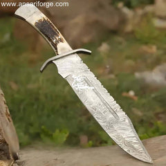 Hand-forged Damascus Bowie Knife with a beautiful stag antler handle and genuine leather sheath.