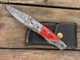 Handcrafted Damascus Steel Pocket Knife with Red Pakkawood Handle