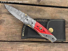 Handcrafted Damascus Steel Pocket Knife with Red Pakkawood Handle