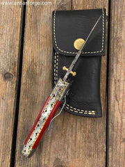 Handmade Damascus Steel Pocket Knife With Clip & Leather Case