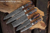 Damascus Steel Kitchen Knife Set with 5 hand-forged knives, Pakka wood handles, and stainless steel bolsters.