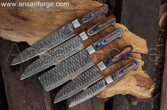 Damascus Steel Kitchen Knife Set with 5 hand-forged knives, Pakka wood handles, and stainless steel bolsters.
