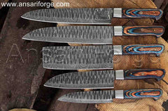 Damascus Steel Kitchen Knife Set with all knives stored safely in the luxurious leather roll bag.