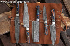 Damascus Steel Kitchen Knife Set with 5 hand-forged knives, Pakka wood handles, and stainless steel bolsters.