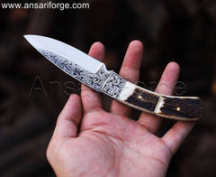 Engraved Knife With Antler Handle & Wooden gift box