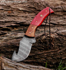 Damascus Gut Hook Knife with scout carry leather sheath for secure and discreet belt carry.