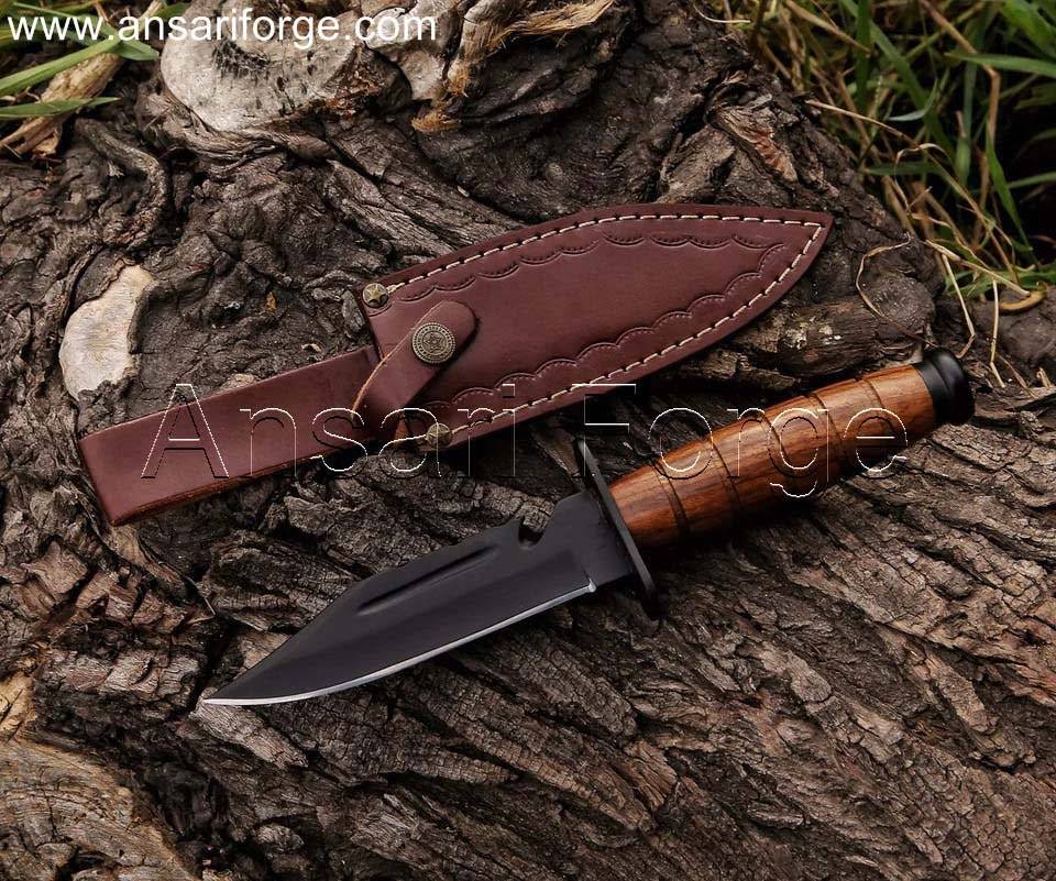 Black Ops survival knife with D2 steel blade, rosewood handle, stainless steel pommel & Leather sheath .