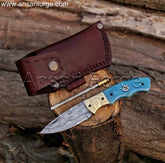 Handmade Pocket Knife , Damascus Steel Folding Blade , Bone Handle , Sharpener & Pouch