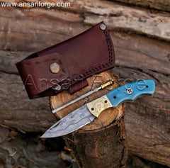 Handmade Pocket Knife , Damascus Steel Folding Blade , Bone Handle , Sharpener & Pouch